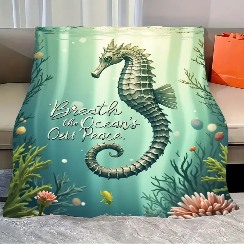 

1pc Flannel Blanket Seahorse Ocean Peace Blanket - Underwater Scene Cozy Throw for Home Decor