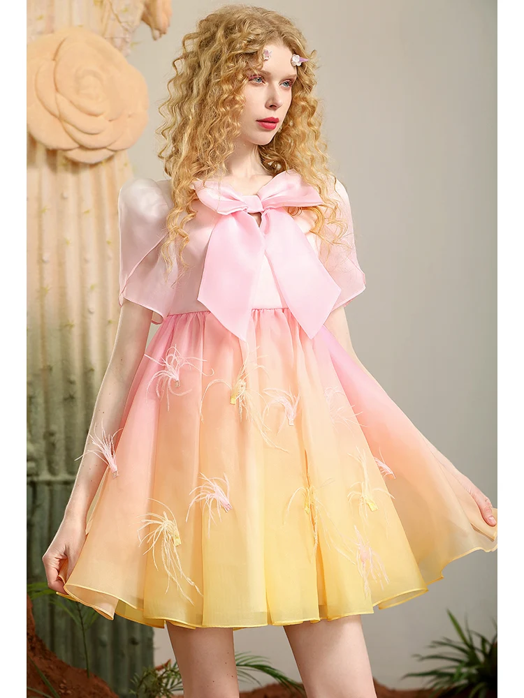 High-End Blooming Gradient Organza Puff Short Sleeve Dress Women Female Summer Cute Sweet Bow Feather Princess Dress for Girl's