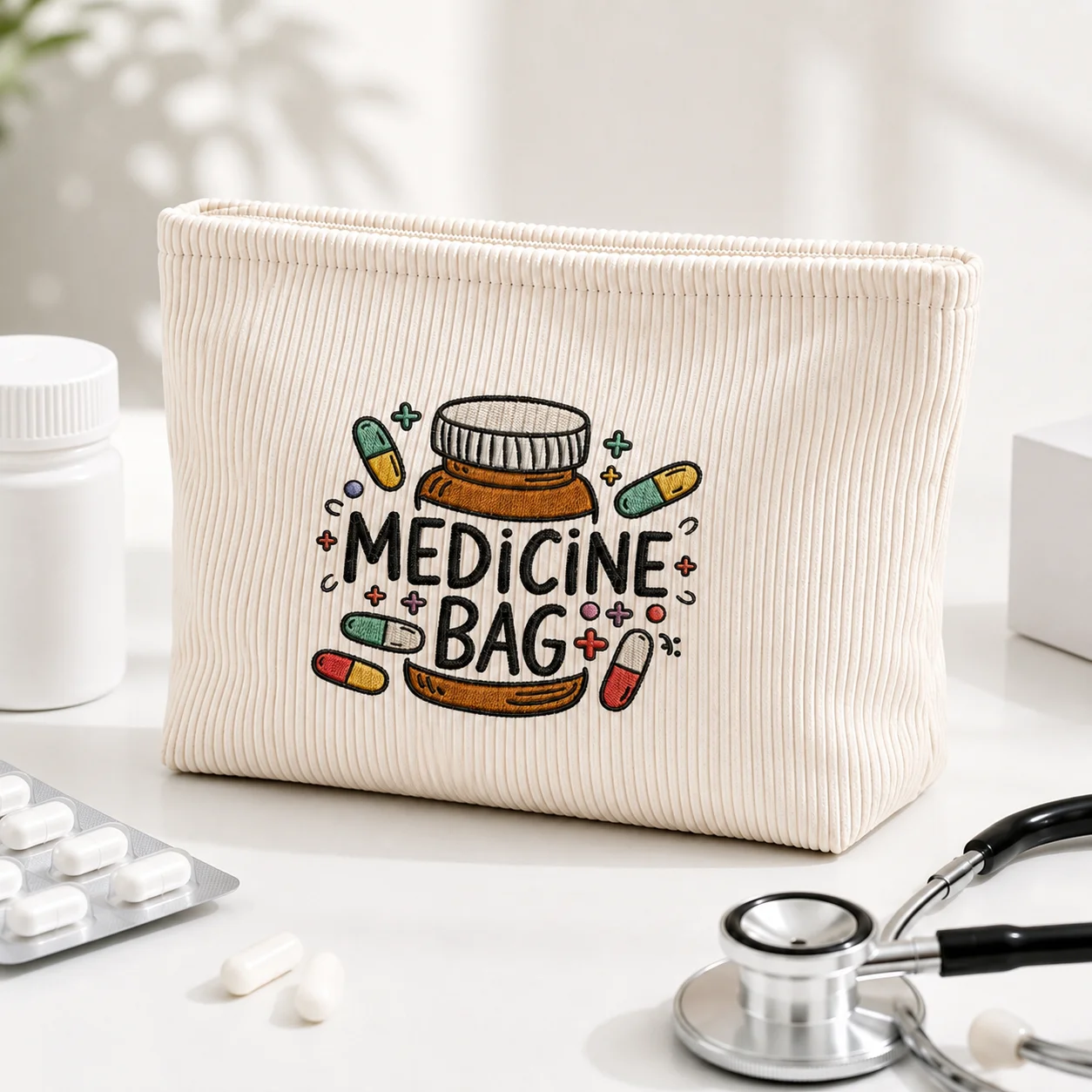 Medicine Bag Cream Corduroy First Aid Bag Large Capacity Medical Storage Organizer Travel Home Medicine Pouch Family Health Care