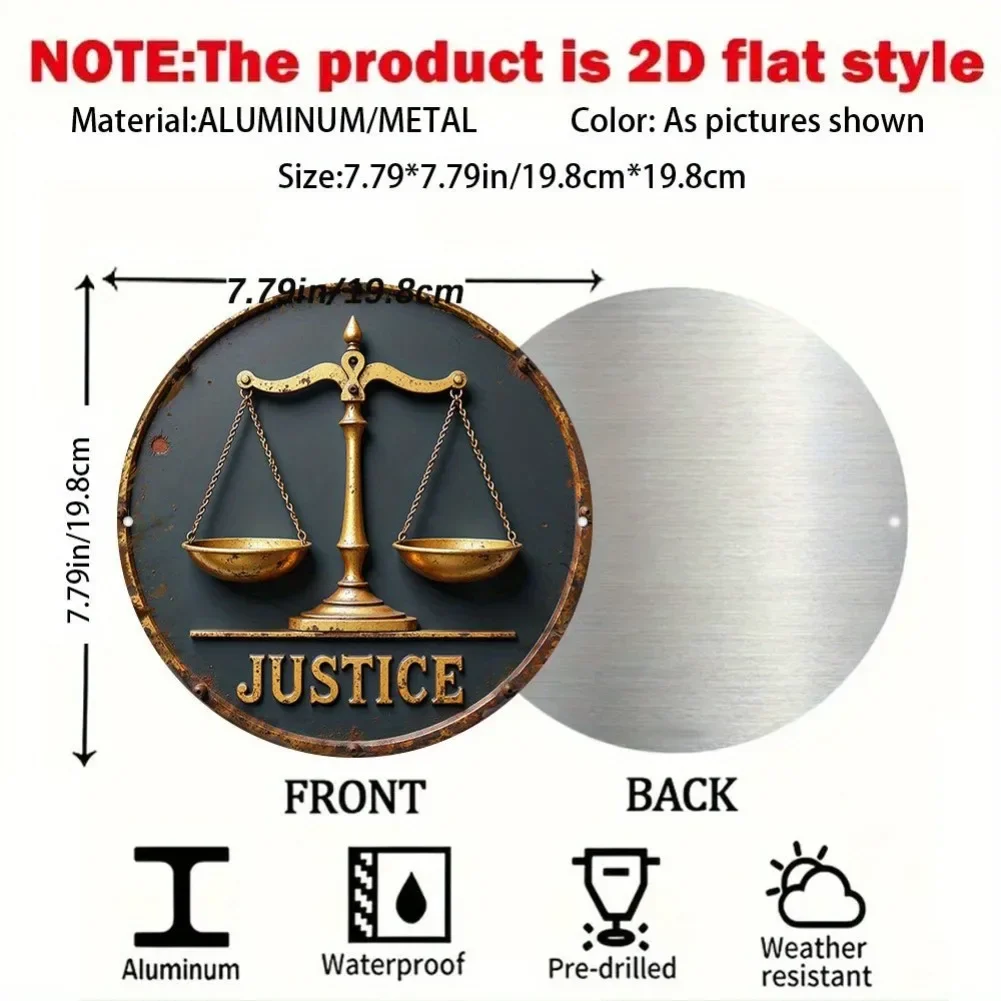 لوحة فنية جدارية معدنية مسطحة عتيقة مقاس 7.79 × 7.79 بوصة ثنائية الأبعاد - لافتة ألومنيوم ريفية بموازين ذهبية وسيف، ديكور للمنزل