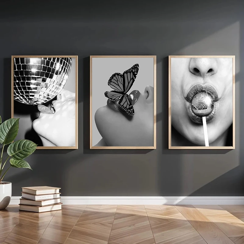 Black and White Luxury Fashion Feminist High Heels on Disco Ball Woman Smoking Poster Canvas Painting Print Wall Art Home Decor