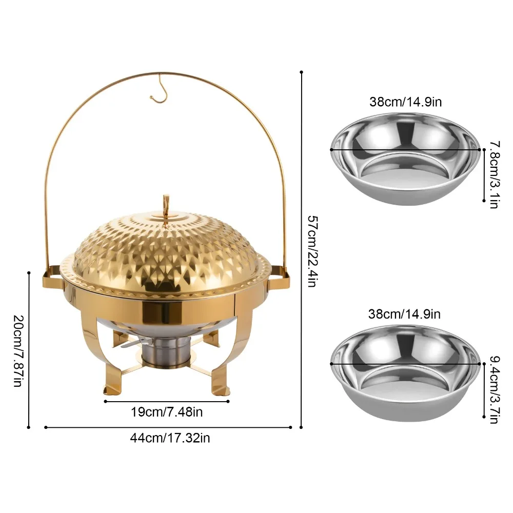 

Buffet Set of 4, 8.5Qt /8L Stainless Steel Round Buffet Chafer, Gold Hanging Lid Dining Stove for Parties, Dishwasher Safe