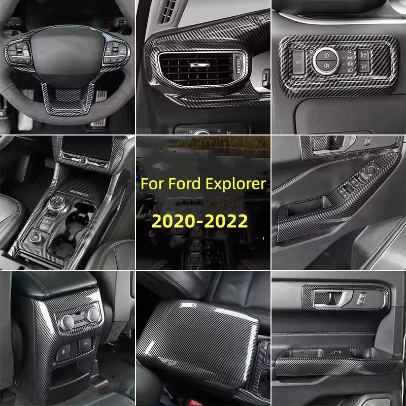 

LHD For Ford Explorer 2020- 2022 ABS Carbon Fiber Rear Air Condition Outlet Vent Knob USB an-kick Panel Frame Cover accessories