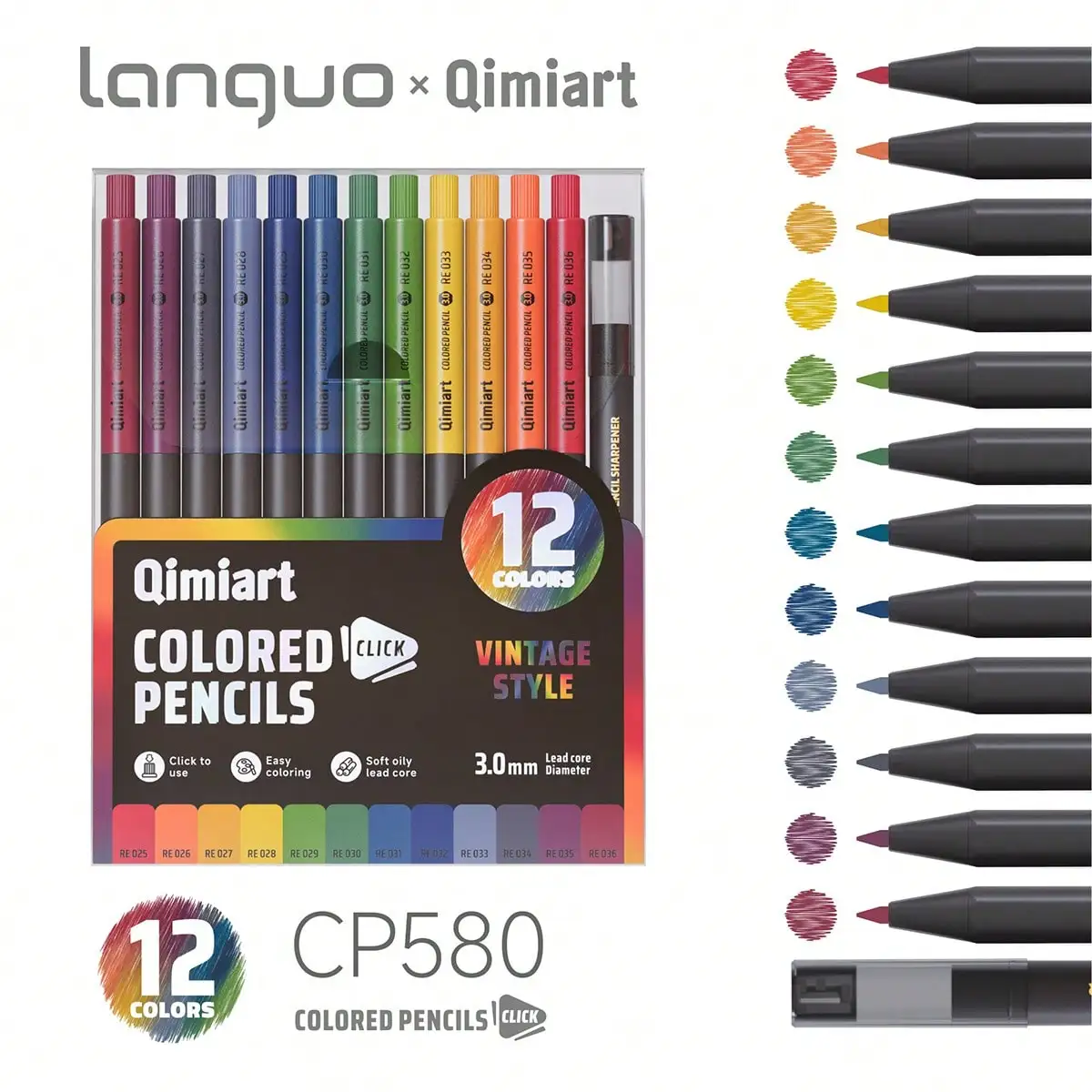 Languo 12 kleuren mechanische kleurpotlodenset, 3,0 mm zachte oliekern voor schetsen, tekenen en schoolbenodigdheden