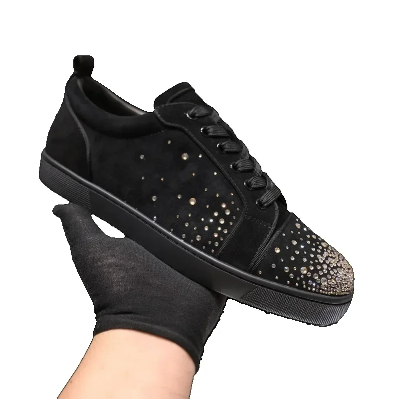 

Women Luxury Low Top Red Bottom Shoes For Men Trainers Spiked Black Suede Genuine Leather Rivets Crystal Toecap Flats Sneaker