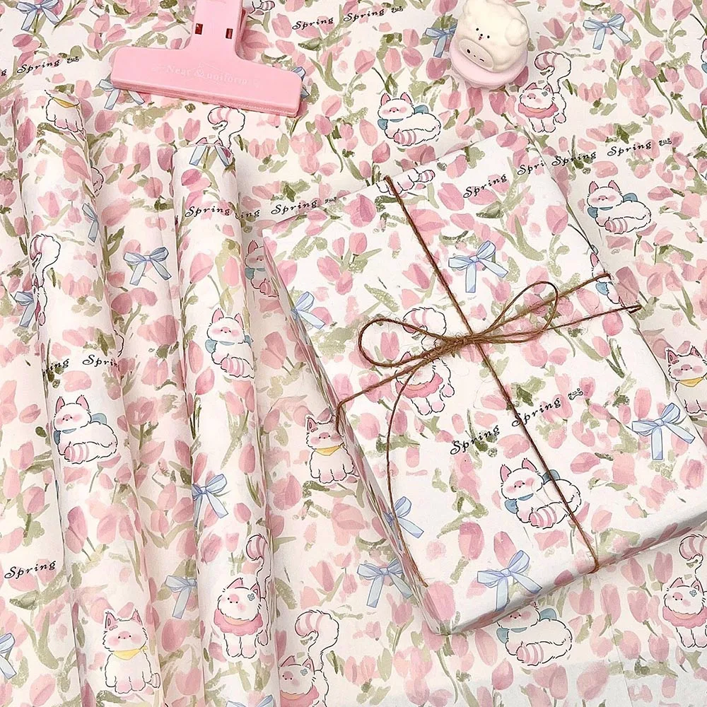 6 أوراق من ورق تغليف توليب الزهور الربيعية، ورق هدايا وردي لطيف لديكور أعياد الميلاد، أوراق تعبئة الهدايا، حشو صندوق الهدايا #6