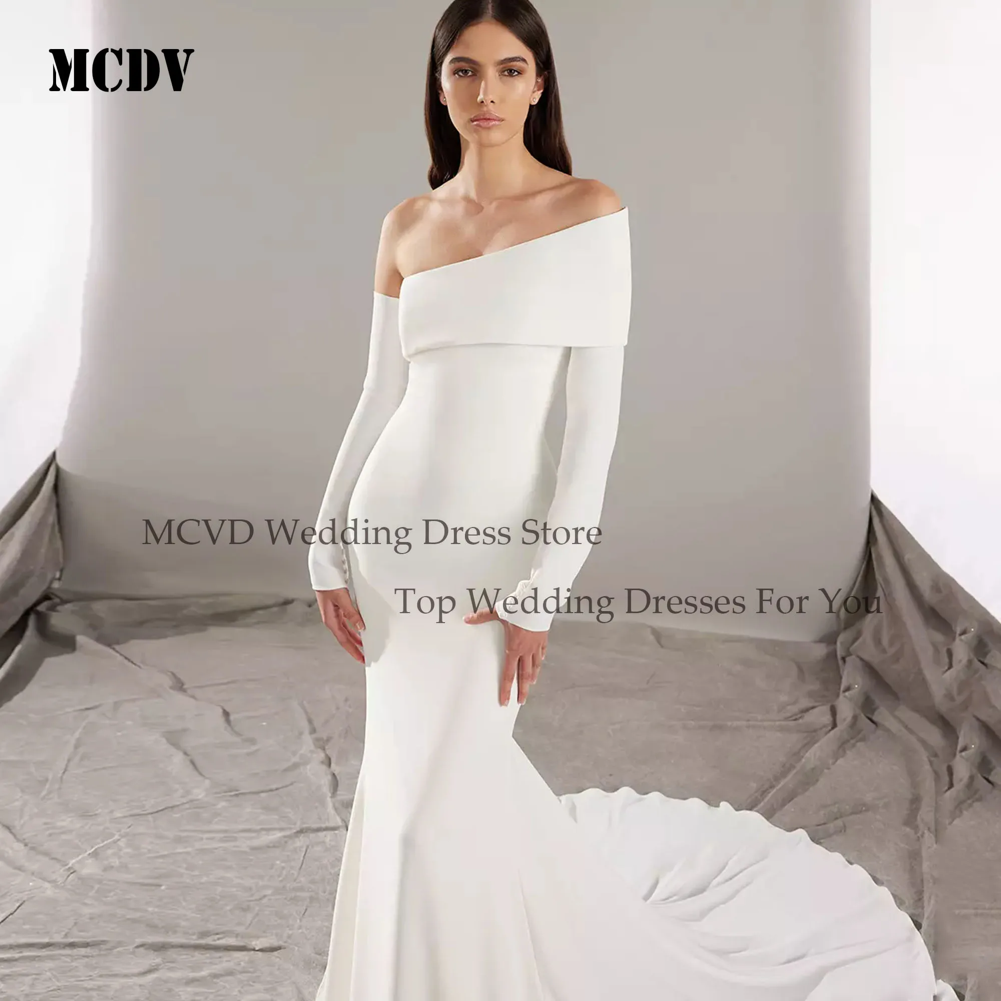 MCDV Eine Schulter Satin Braut Kleider Abnehmbare Ärmel V-ausschnitt Hochzeit Party Kleider Meerjungfrau Angepasst Elegante vestidos de novia