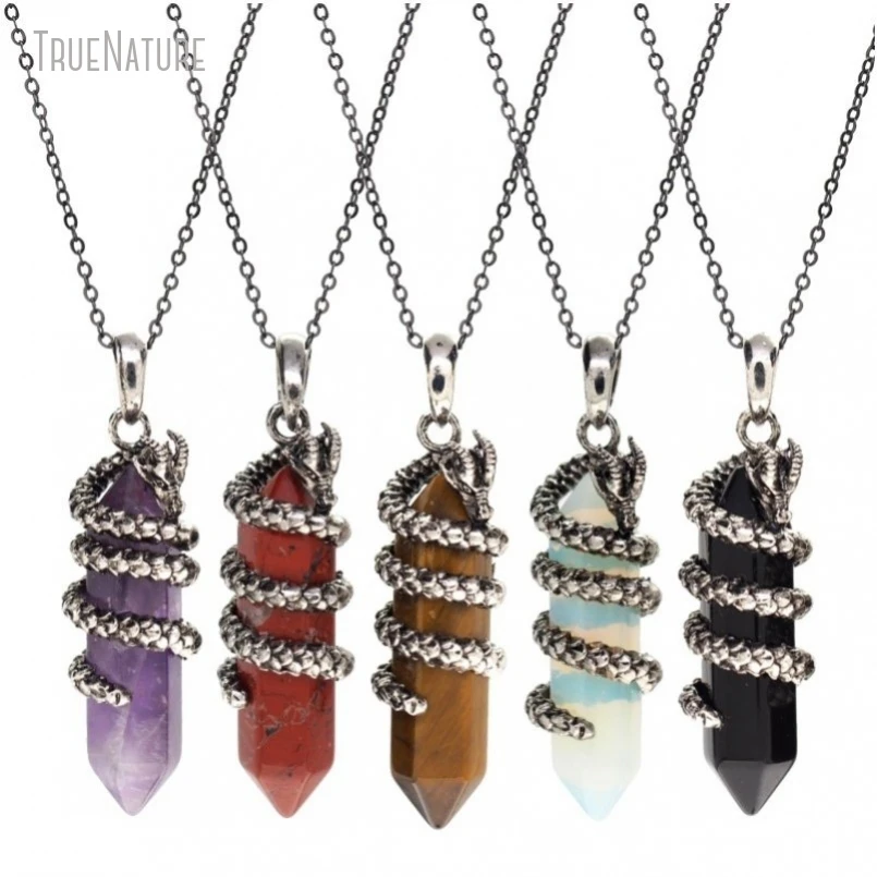 1Pcs Chain Double Terminated Point Hexagon Dragon Antique Silver Color Clear Crystal Tiger Eye Stone Opal Necklace NM48280