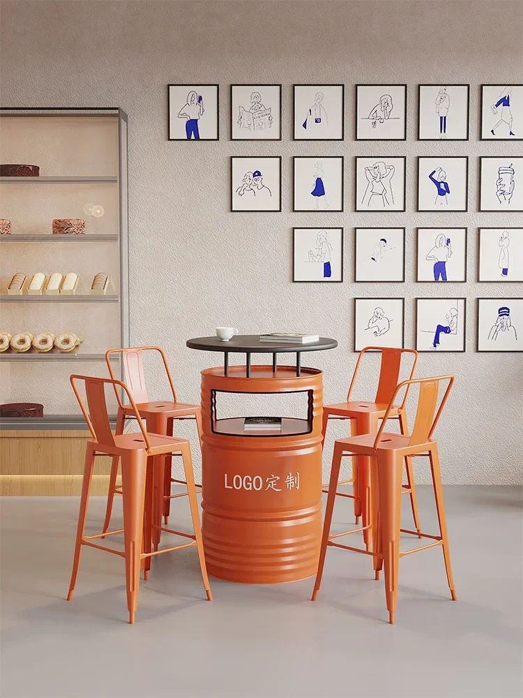 

Industrial wind oil drum bar table and chair custom high-footed round table leisure bar chair storage layer gasoline drum table