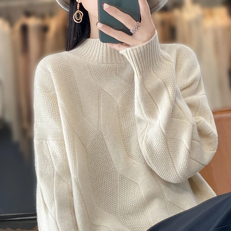 Korean Thickened Semi-turtleneck Sweater For Women 100% Merino Wool Long-sleeved Knit Top Autumn Winter Fashion Twist Sweater