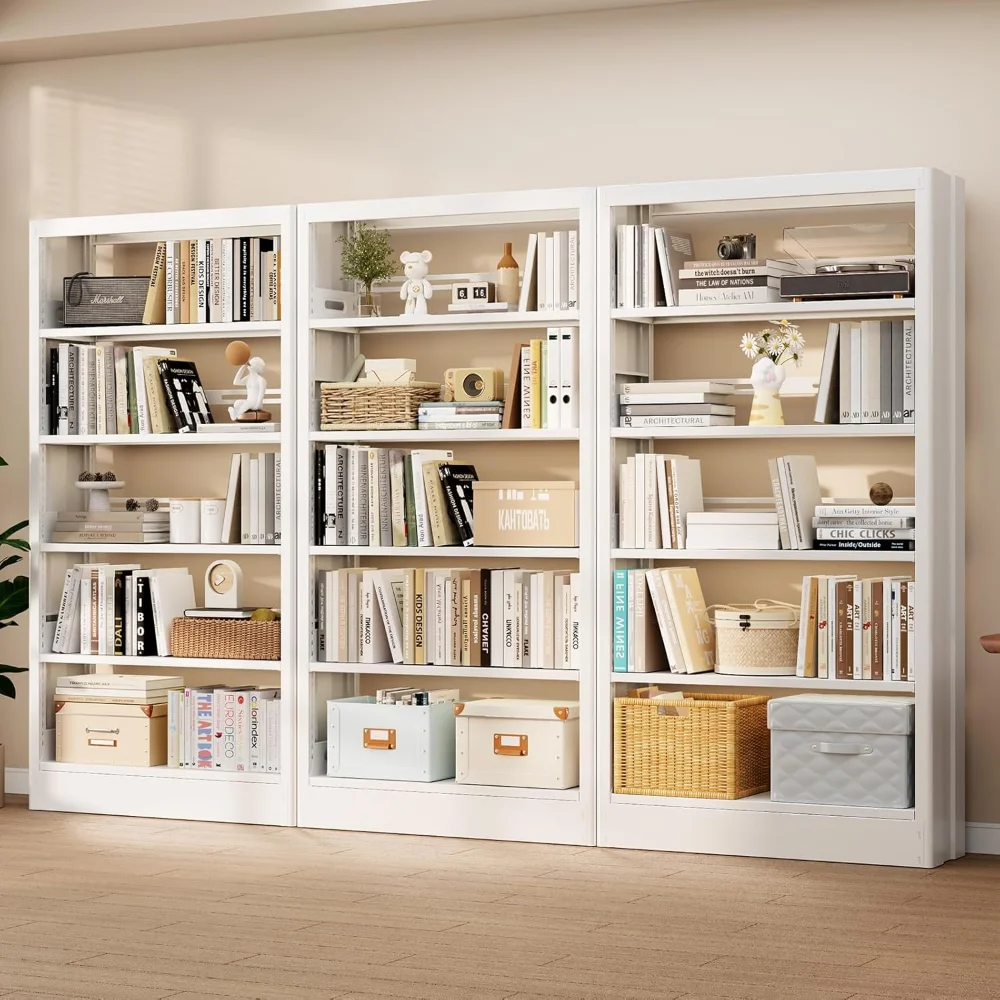

71” Tall White Metal Bookshelf, 5 Tier Bookcase with Adjustable Storage Shelves, Heavy Duty Book Shelf with Bookends