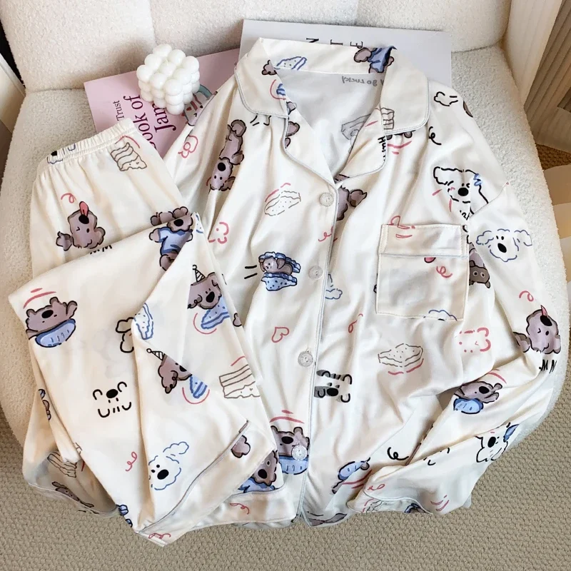 Korean Cartoon Cute Happy Puppy Print Women\'s Pajamas Ins Kawaii Sweet Chic Sleepwear 2024 New Autumn Winter Milk Silk Nightwear