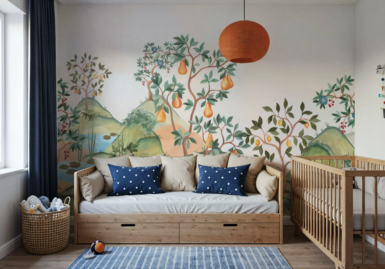Customized size mural with dreamy orchard scene, orange and yellow fruit wallpaper, soft children's room decoration painting
