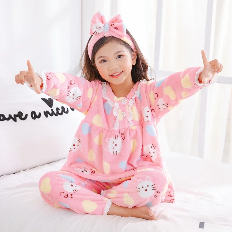 Girl Wear Autumn Winter Long Sleeve Warm Flannel Pajamas Set Cute Print Girl Sleepwear Set Send Hair Band Christmas Gift New