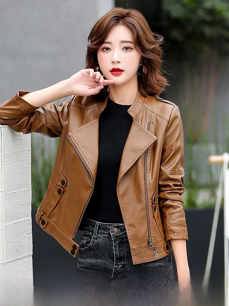 

Ning Women's Leather Jacket Cool Style Short Real Leather Stand Collar Spring Autumn Sheepskin Coat Fashionable Commute