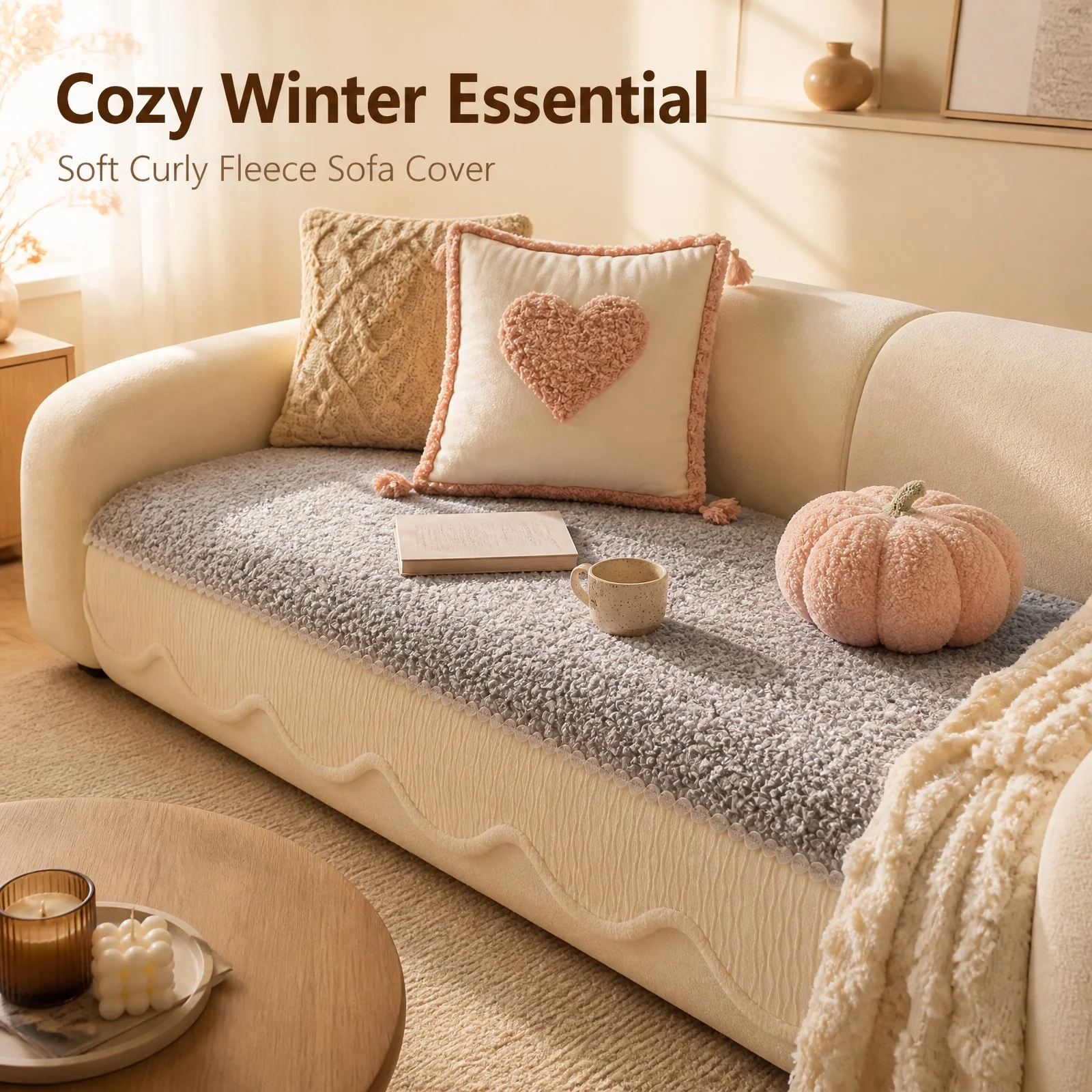 Fluffy Curly Fleece Thicken Warm Winter Sofa Cover, Non-Slip Pet Friendly Couch Seat Cover Furniture Protector Decoration