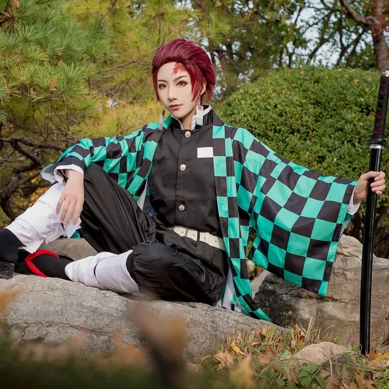 Tanjiro Cosplay Anime Demon Slayer Tanjirou Kamado Kostium Kimetsu No Yaiba Kimono Kolczyki Naklejki z tatuażami dla dorosłych i dzieci