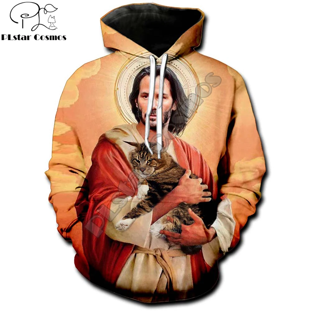 Jesus Keanu Reeves Holding Cat 3D All Over Printed Mens Hoodies & Sweatshirt Unisex Casual zipper hoodies sudadera hombre MT-33