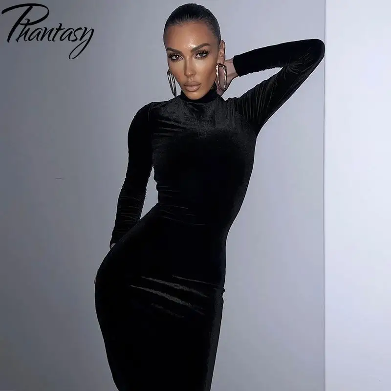 Phantasy-vestido negro de terciopelo para mujer, prenda Sexy de manga larga, ceñido al cuerpo, con cremallera, ajustado, para fiesta y oficina