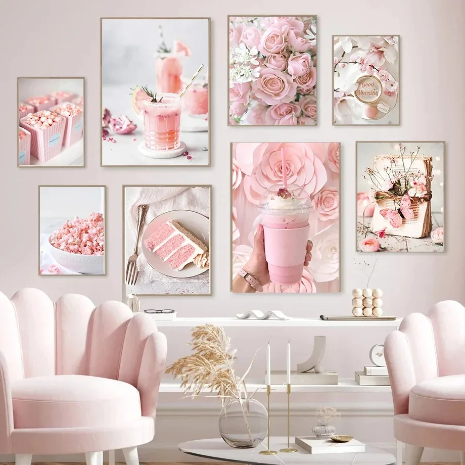 Pink Flower Ice Cream Cake Popcorn Flower Wall Art Picture Canvas Painting Living Room Bedroom Home Decoration Gift