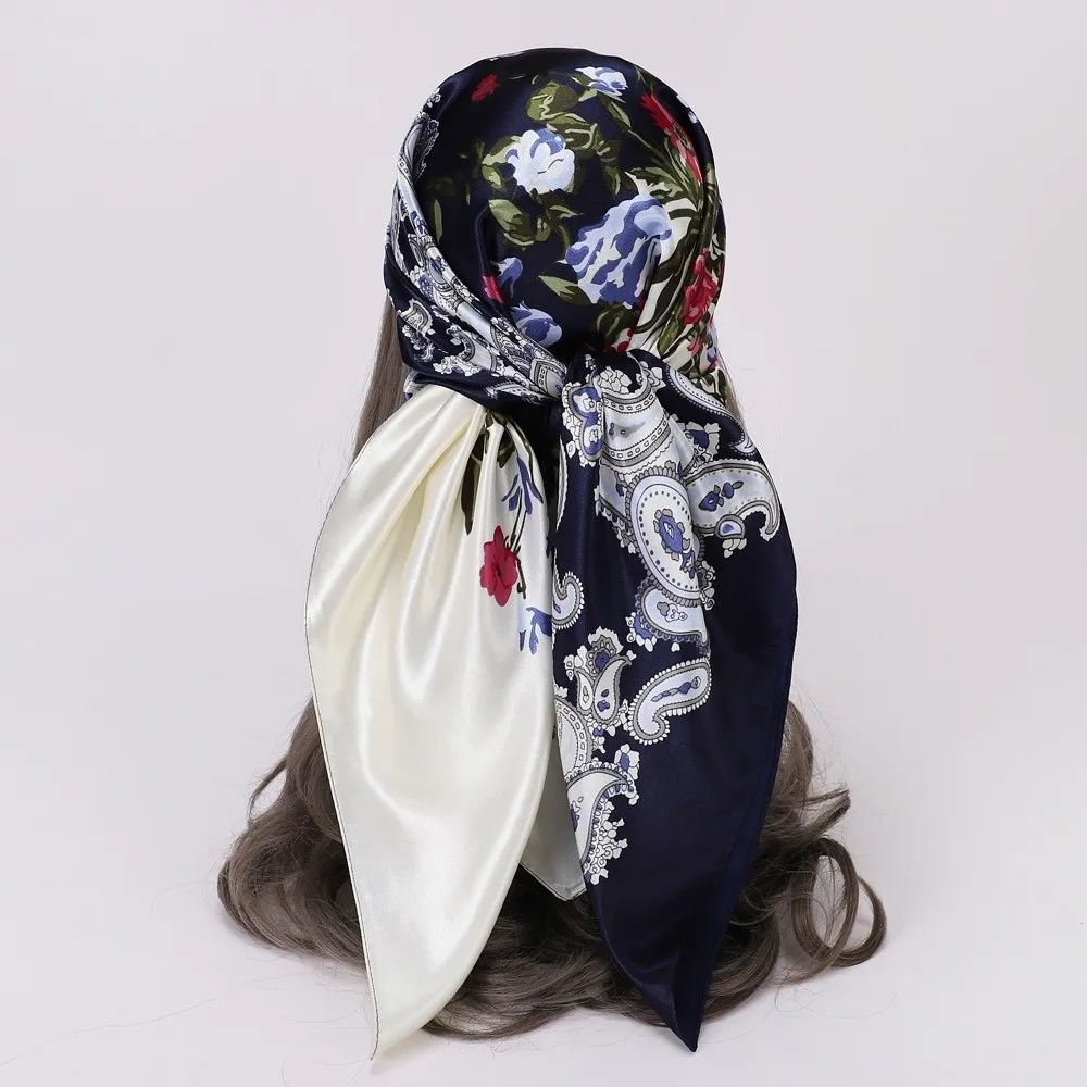 

Trendy Satin Head Scarf Silk Imitation Sun Protection Square Scarf Fashion Accessories Multifunction Shawl for Women