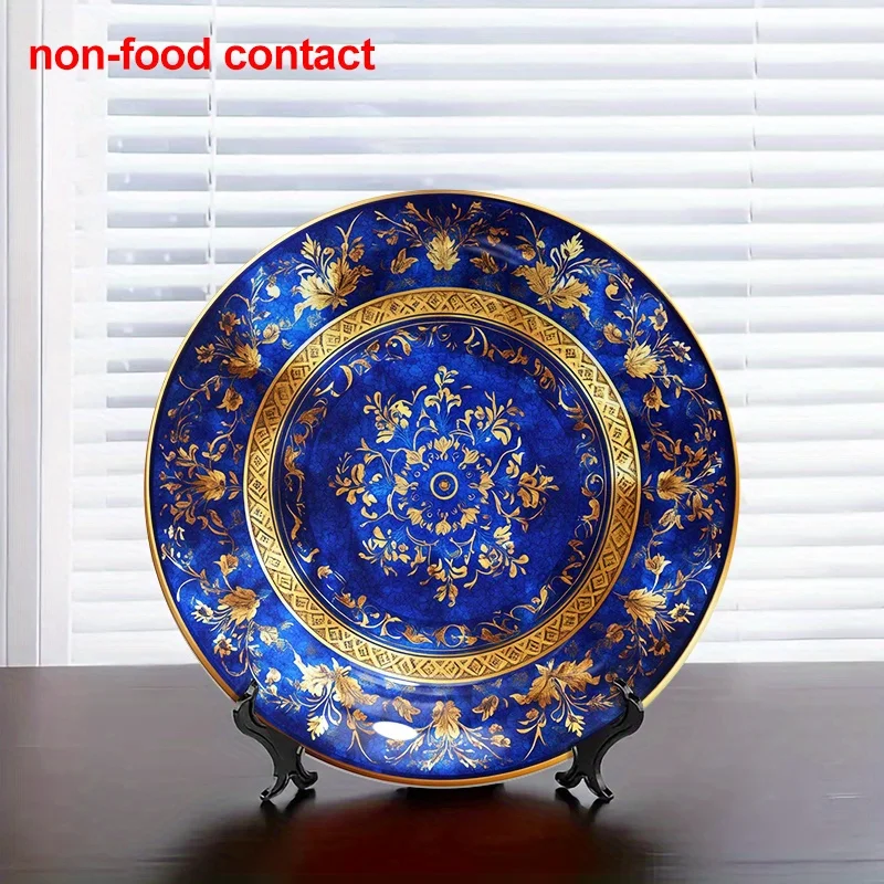 1pcElegant Blue & Golden Ceramic Decorative Plate with European Floral Design, Wall Hanging Home Decor, Non-Food UsePerfect