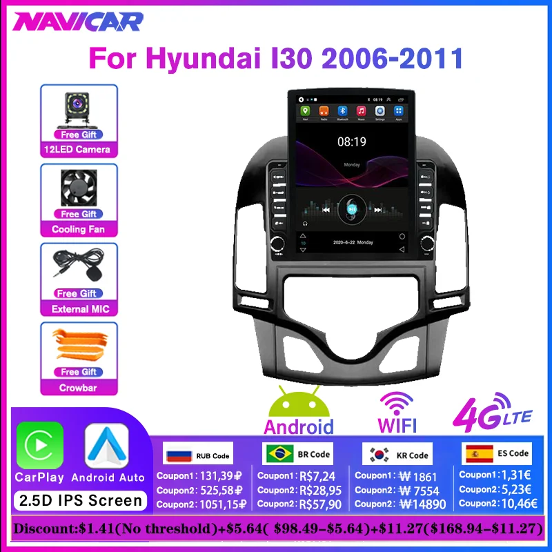 

NAVICAR Vertical Screen For Hyundai I30 2006-2011 Android10 Car Radio GPS Navigation Multimedia Video Bluetooth Player Headunit