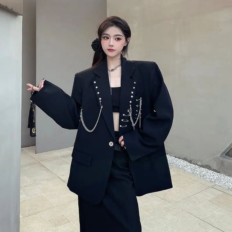 Черные пиджаки с цепочкой, пиджак, женское пальто, весна-осень, новый свободный повседневный костюм с подкладкой на плечах