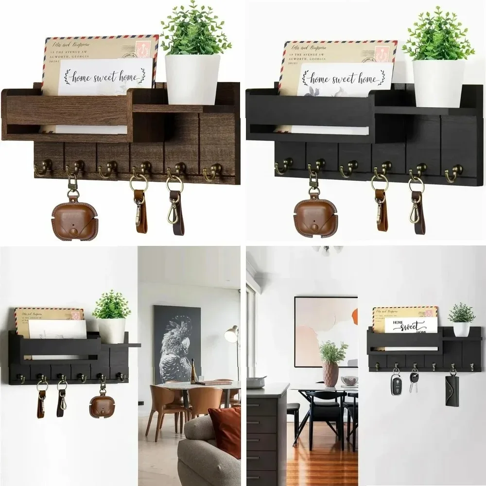 

Wall Mounted Key Holder with Shelf - Rustic Wood Mail Organizer & 6 Hooks for Entryway Decor