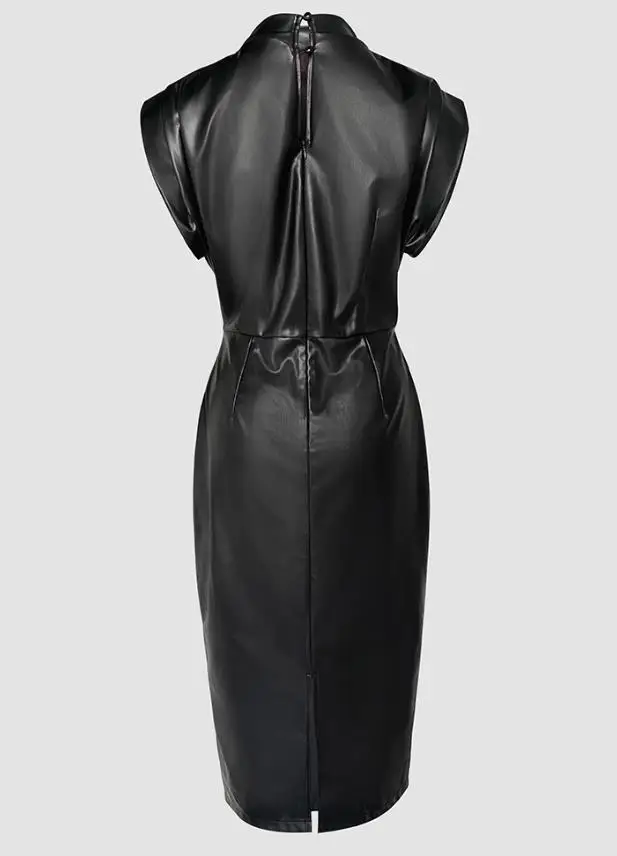 

Womens Dresses 2025 Spring Summer New Solid Color Cowl Neck Sleevless Slim Fit Sexy Ruched Pu Leather Casual Long Dress