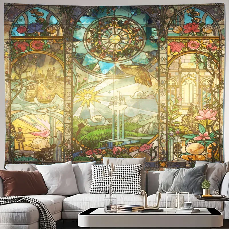 Oversized Steampunk Fantasy Tapestry Wall Hanging Vintage Victorian Stained Glass Mural Art Decor Print for Living Room Bedroom