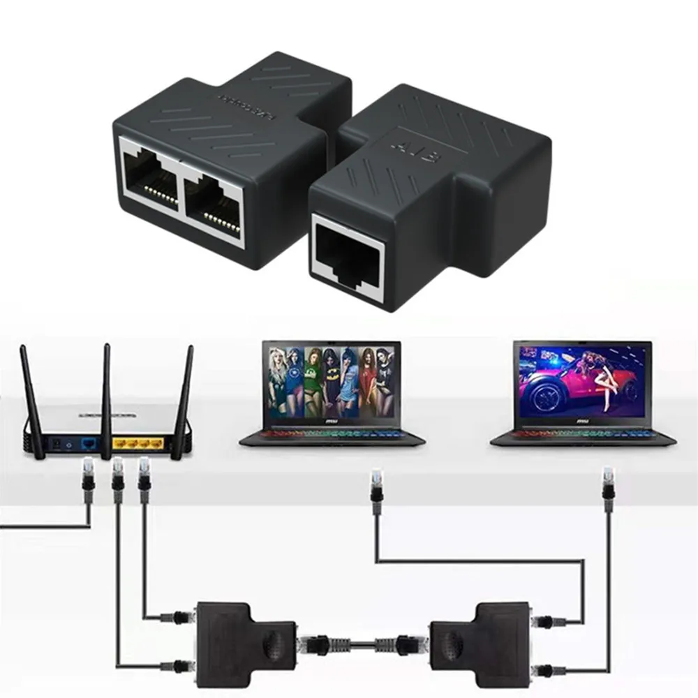 1Pc 1 To 2 Way LAN RJ45 Extender Splitter Ethernet Adapter For Internet Cable Connection 1 Input 2 Output High Quality