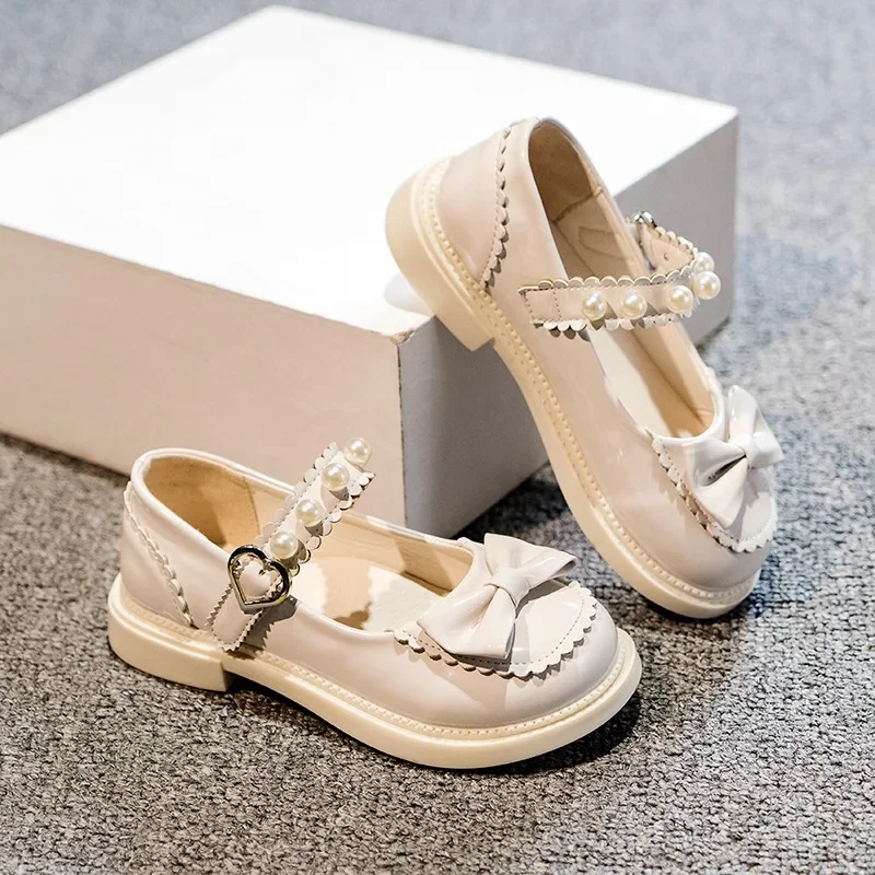 Children's Flats Fashion Pearl Bow Princess Dance Party Performance School Shoes Girl Dress Leather Shoes Kid Mary Jane Shoes