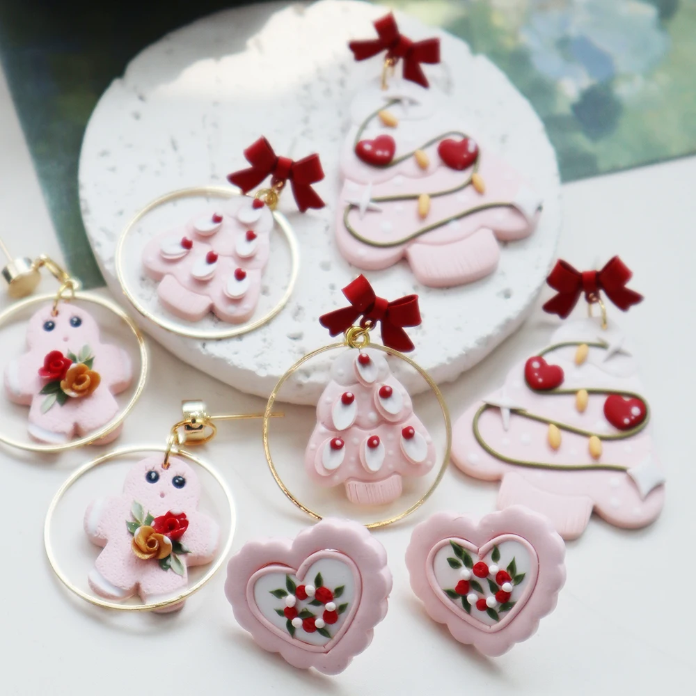شجرة عيد الميلاد استرخى أقراط للنساء الفتيات عيد الميلاد الزنجبيل رجل قلادة القرط الوردي القلب مربط القرط هدايا مجوهرات #3