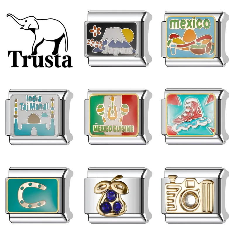 Trusta Fashion 2024 Camera skates Mexico Charm Links Fit 9mm Stainless Steel Bracelet for Women Jewelry DIY Making N268