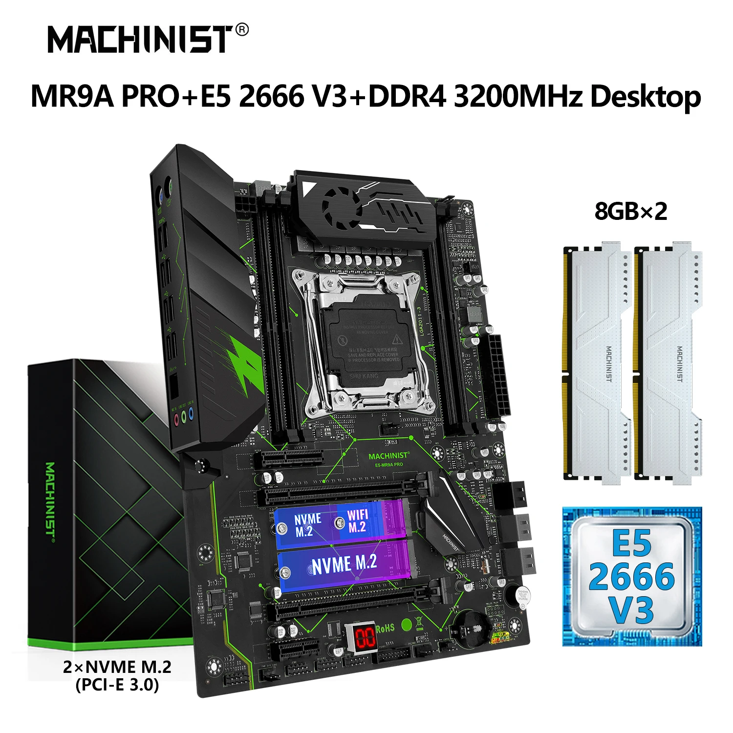 

MACHINIST X99 Motherboard Combo Kit Xeon E5 2666 V3 Processor LGA 2011-3 CPU DDR4 16GB 3200MHz RAM Memory NVME M.2 WIFI MR9A PRO