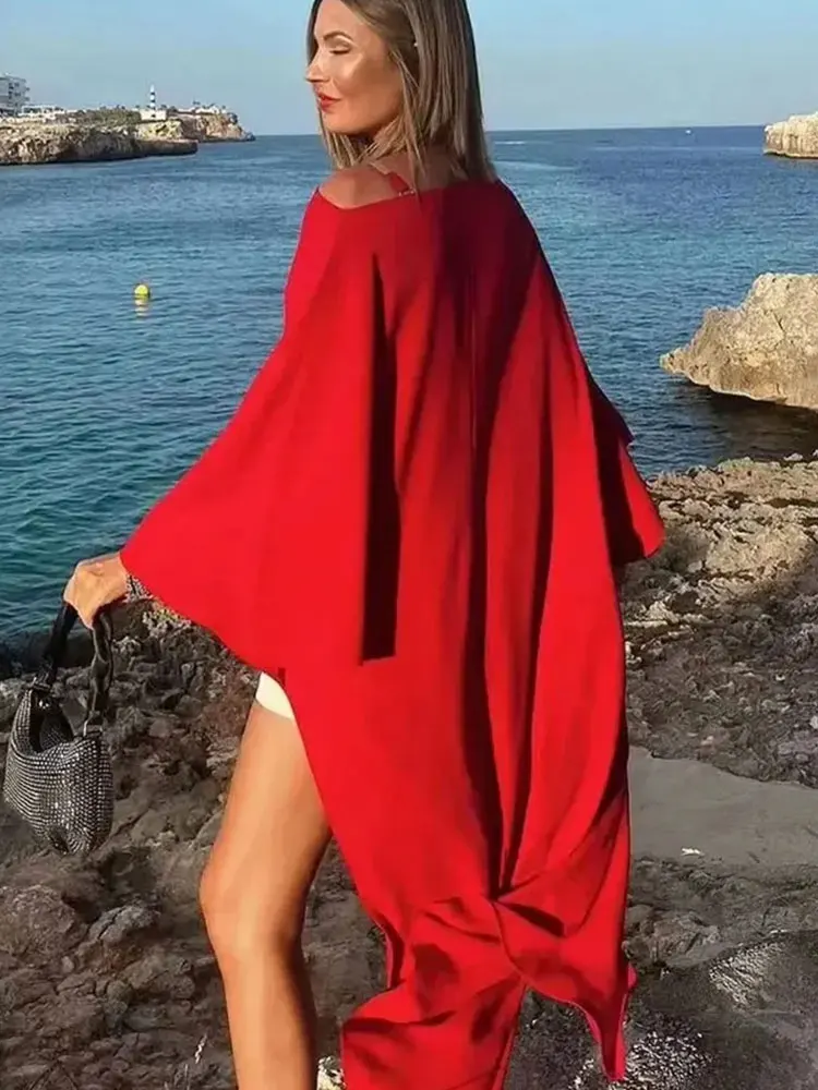 Sukienka damska na wiosnę 2024, okrągły dekolt, asymetryczna, czerwona, satynowa, w stylu peleryny, luźna, codzienna, w stylu resort.