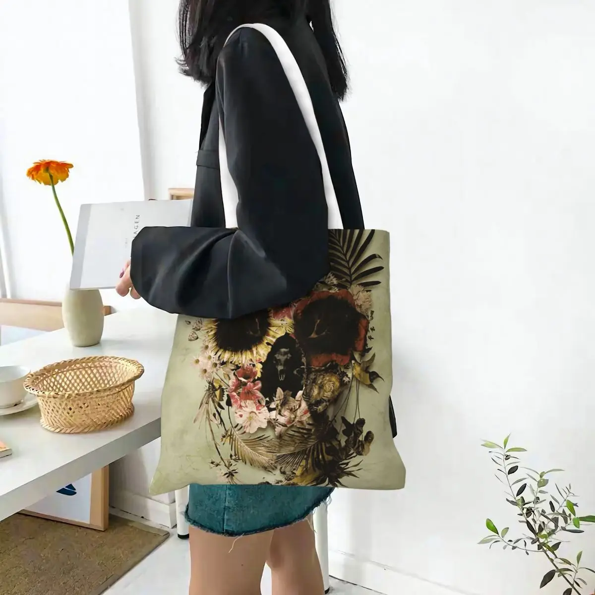 Garden Skull Light Shopping Bags Canvas The Tote Bag Folding for Women Shoulder Tote Travel Handbag