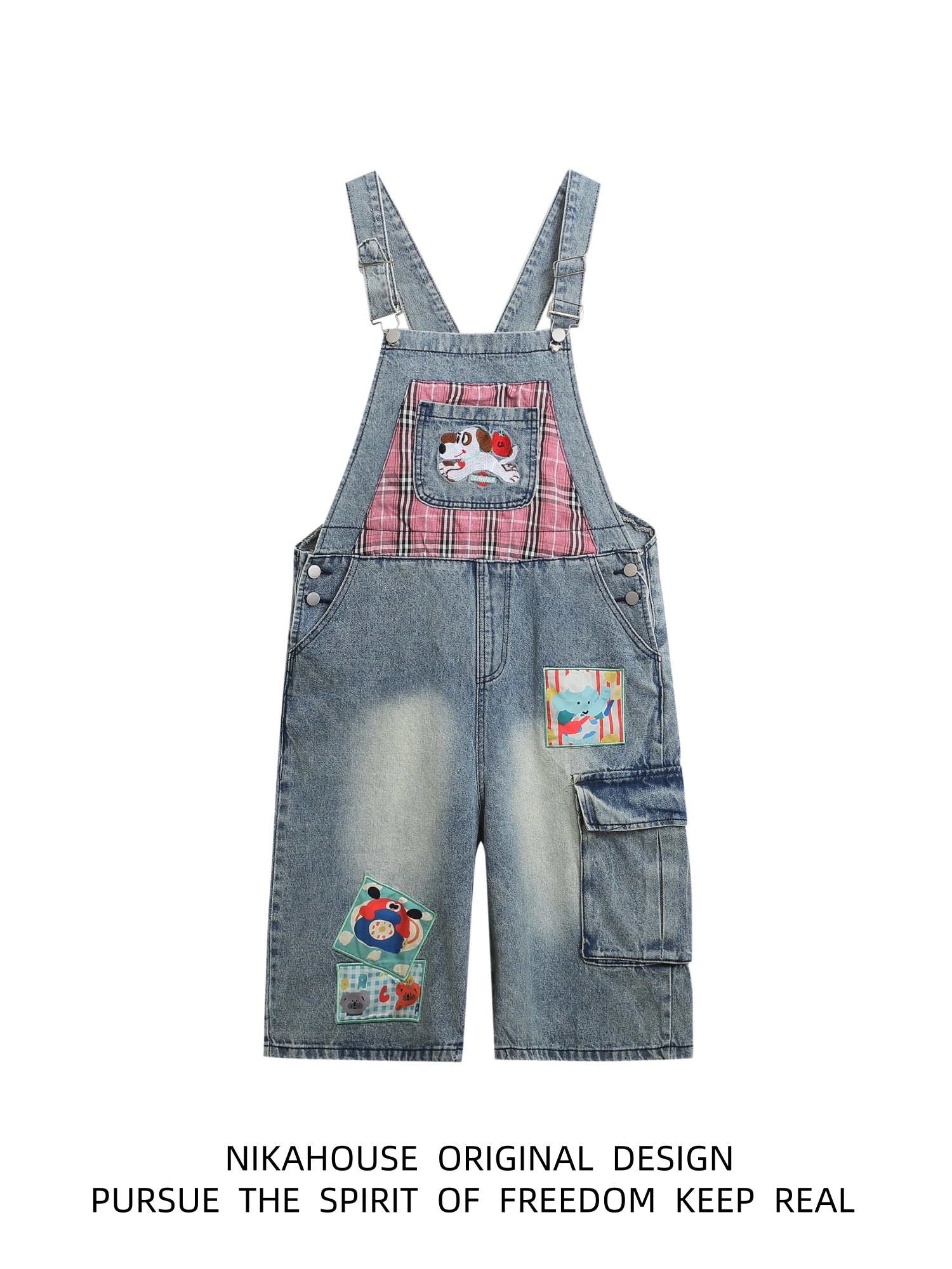 

NikaHouse American Retro Dog Embroidery Denim Overalls Women Casual Seven-Piece Pants Jumpsuit Casual Wide Leg Jeans