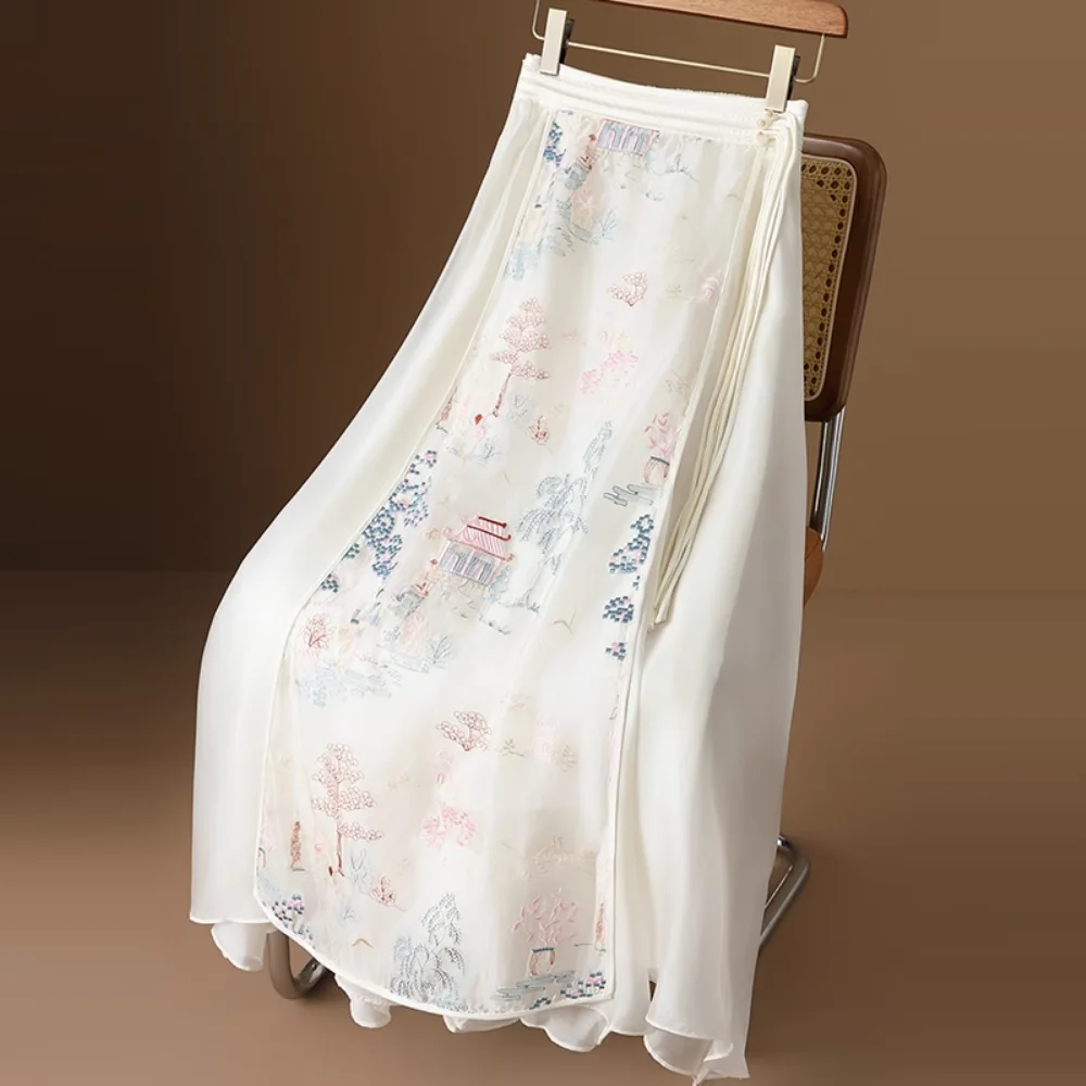 

New Chinese style, exquisite landscape embroidery, improved women's a-character Eugen mesh buckle skirt