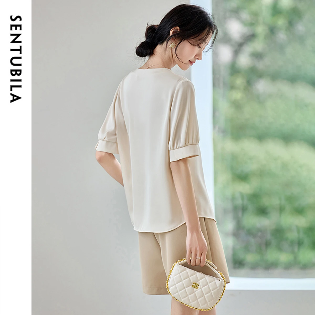 SENTUBILA Women's Commut V-neck Chiffon Blouse 2025 Summer New Fashion Loose Button  Solid Color Top Women's Clothing 152V80192