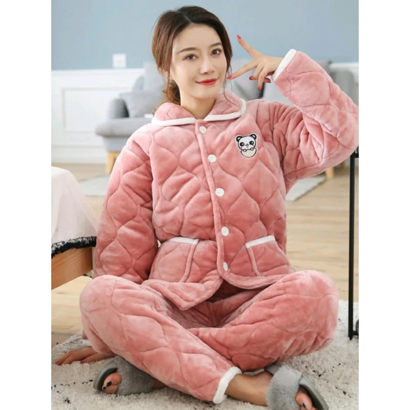 Custom Pajamas Women Winter Thickened Warm Middle-aged and Elderly People Plus Size Cotton Flannel Lovely Coral Velvet Homewear