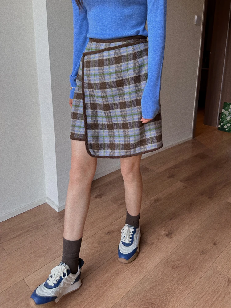 

Брюки-юбка Jophond Lou с высокой талией из твида и шерсти в клетку, осенне-зимние, повседневные, с индивидуальной посадкой