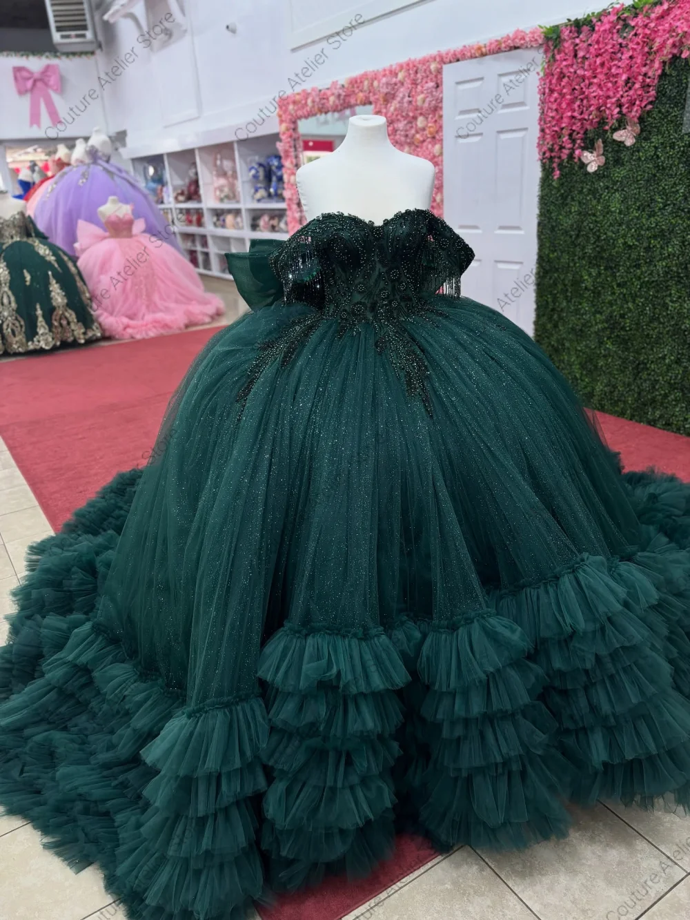 Princesse émeraude Gree15 Quinceanera robes robe de bal volants robes d'anniversaire hors de l'épaule Corset doux 16 robes personnalisées