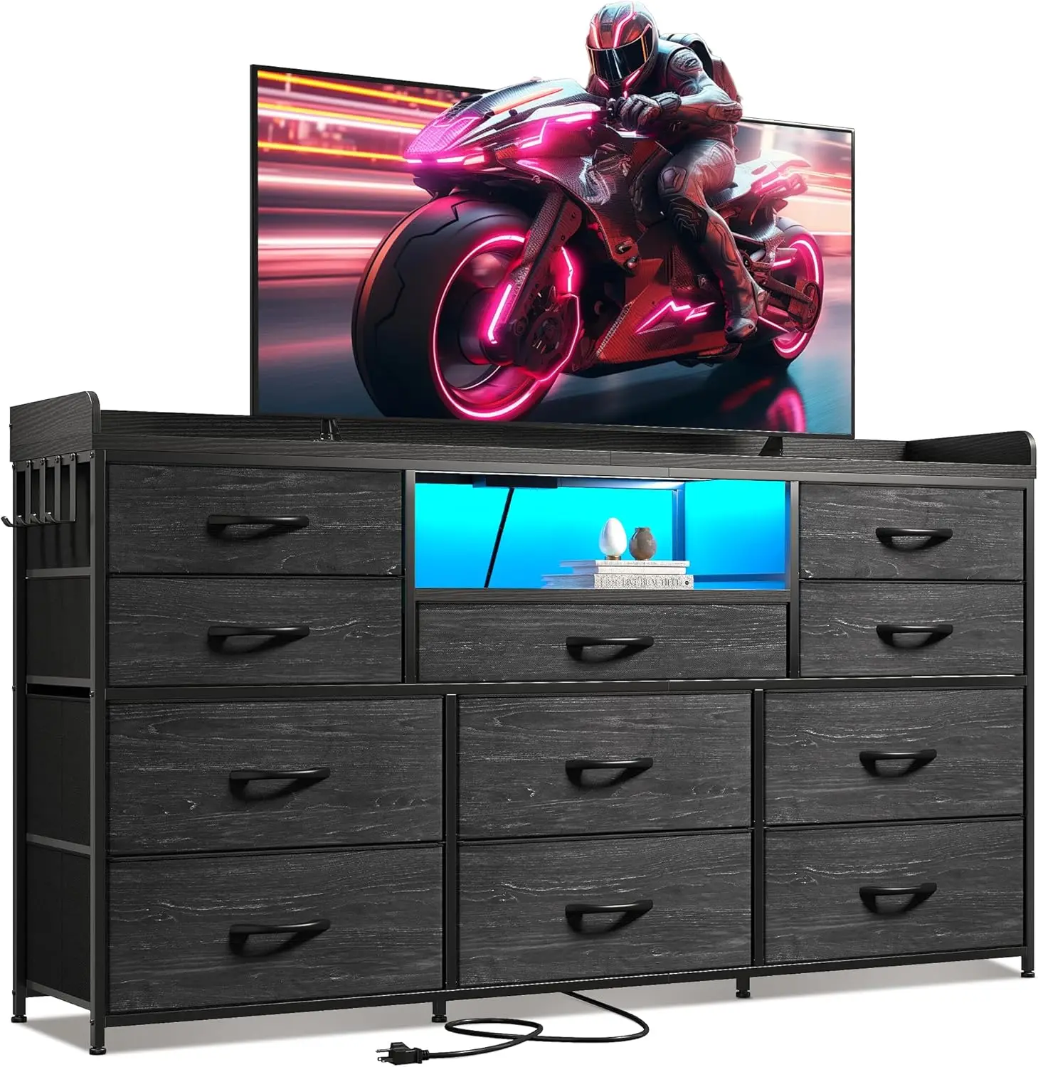 

11 Drawers Dresser for Bedroom with LED Lights Charging Station Sturdy Metal Frame Fabric Drawers Charcoal Black