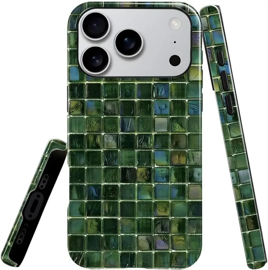 Coque de t�l�phone avec carreaux de verre tonique vert, �tui rigide brillant � 2 couches pour iPhone 17 Pro Air Plus 16 15 14, pour filles et femmes