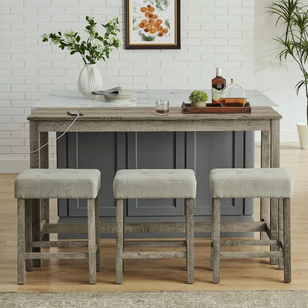

4-Piece Dining Bar Table Set with 3 Upholstered Stools, Farmhouse Kitchen Bar Table Set with Power Outlet for Living Room, Dinin