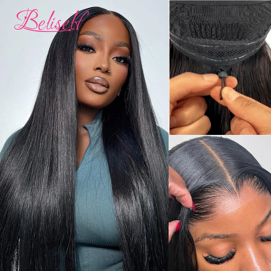 

Beliself Glueless Human Hair Wig Straight 13x6 HD Lace Frontal Wig Pull Go Glueless Wig Human Hair with Elastic Drawstring