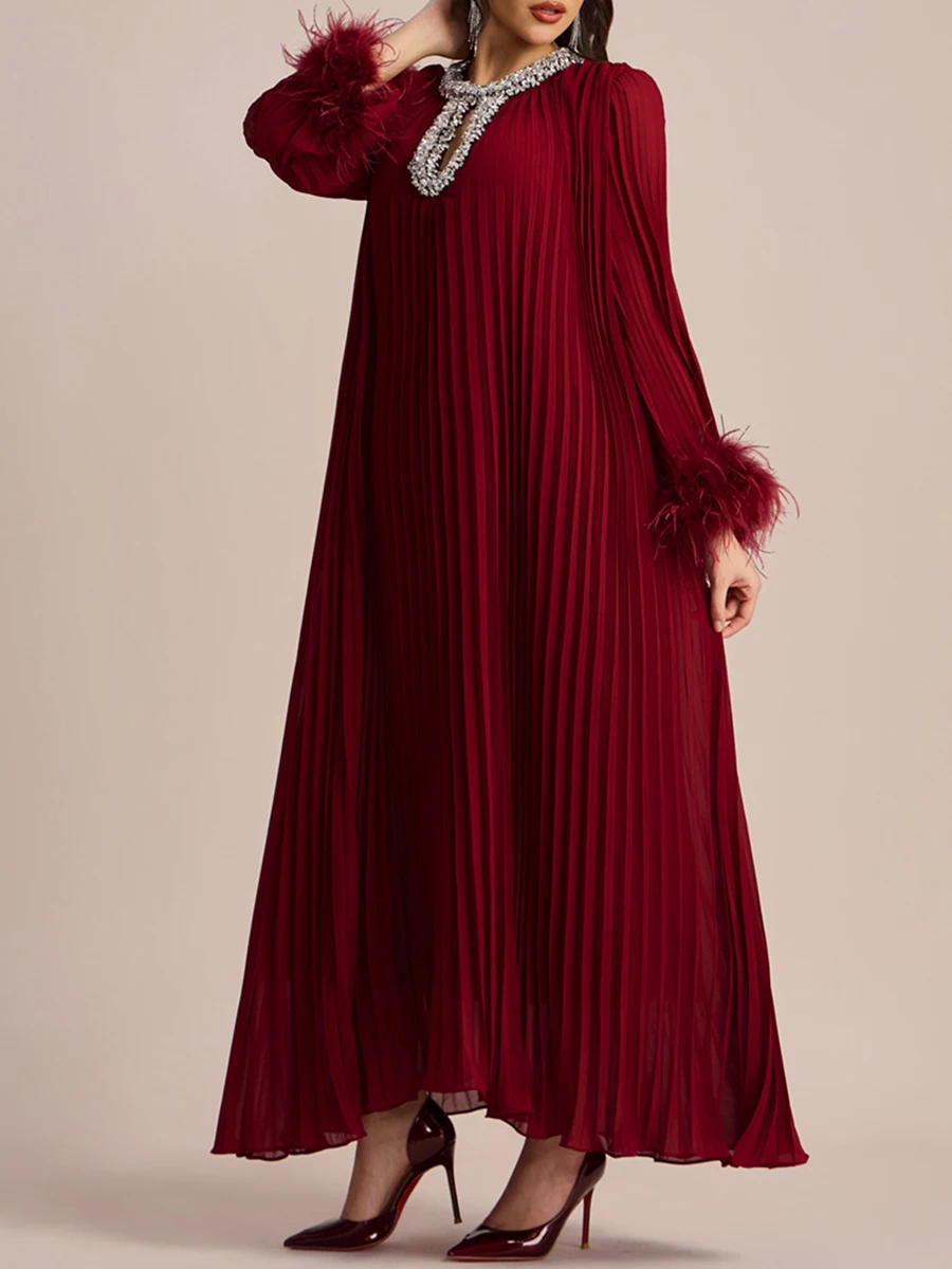 VGH Fashion Spliced Feathers Loose Chic Dress For Women O Neck Long Sleeve Hollow Out Patchwork Diamonds Pleated Dresses Female