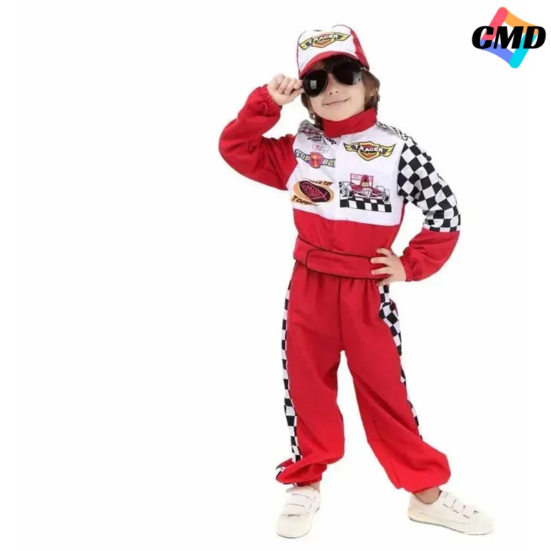 Cos Kids Boys Halloween Racer Cosplay Red Race Car Uniform Children's Racing Driver Costume Fancy Dress Masquerade Costum